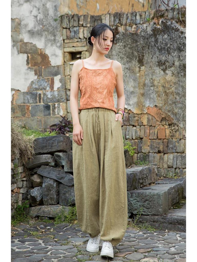 2025 Women's Summer Cotton Linen Ramie Sand-Washed Drawstring Lantern Pants - Distressed & Versatile