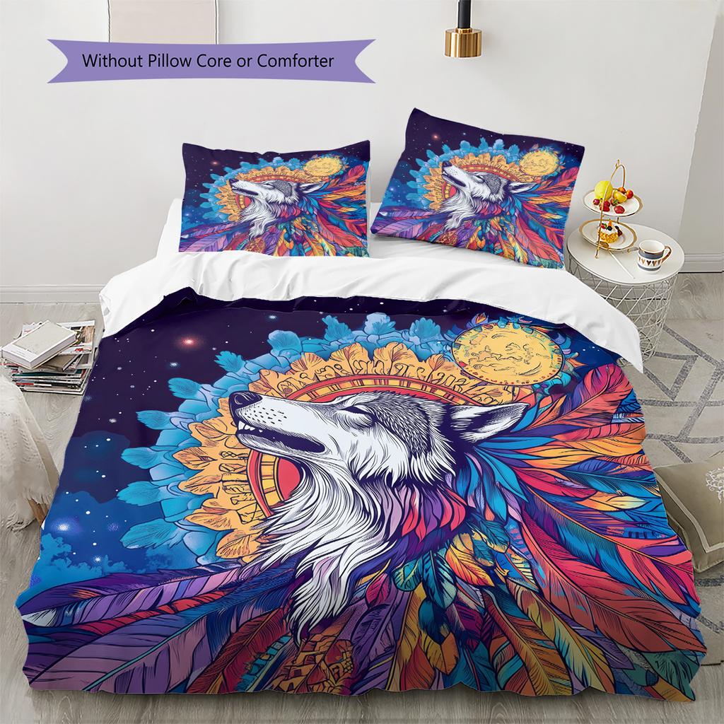 Colorful wolf  Pattern Bedding Quilt Set Quilt Cover Pillowcase Home Decoration  Gift (1 * duvet cover + 2 * pillowcase, without core)