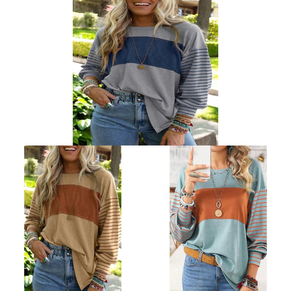Polyester Striped Casual Long Sleeve T Shirt For Women With Color Block Design For Spring