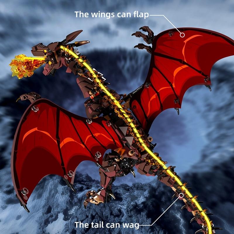 1439PCS Mechanical Fire Dragon Blocks Mythical Creatures Series Light Connectable Animal Model Creative 3D Desk Decor Gift