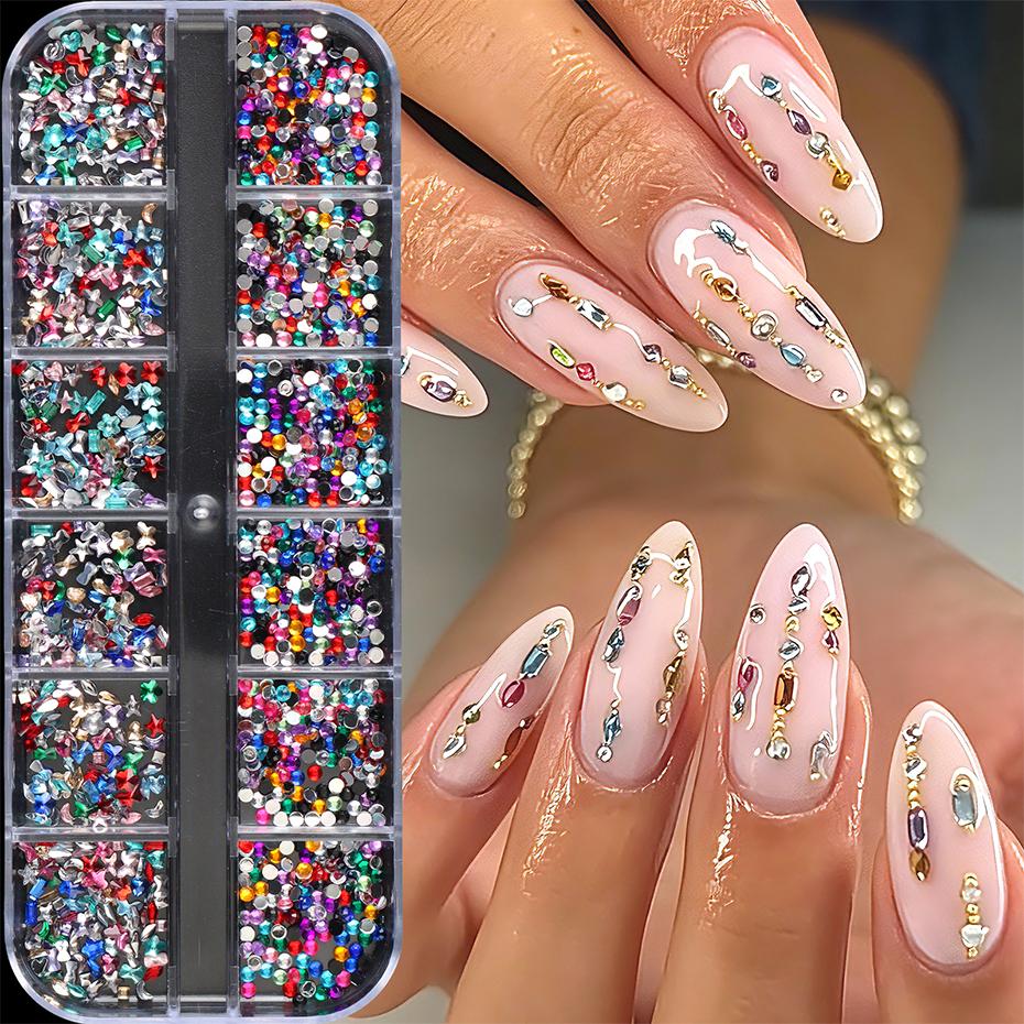 Xiaomi 12 Grids Multi‑Color Flat Back Nail Rhinestones Crystal Gems Star Heart Butterfly Nail Charms Nail Art Decorations Accessories