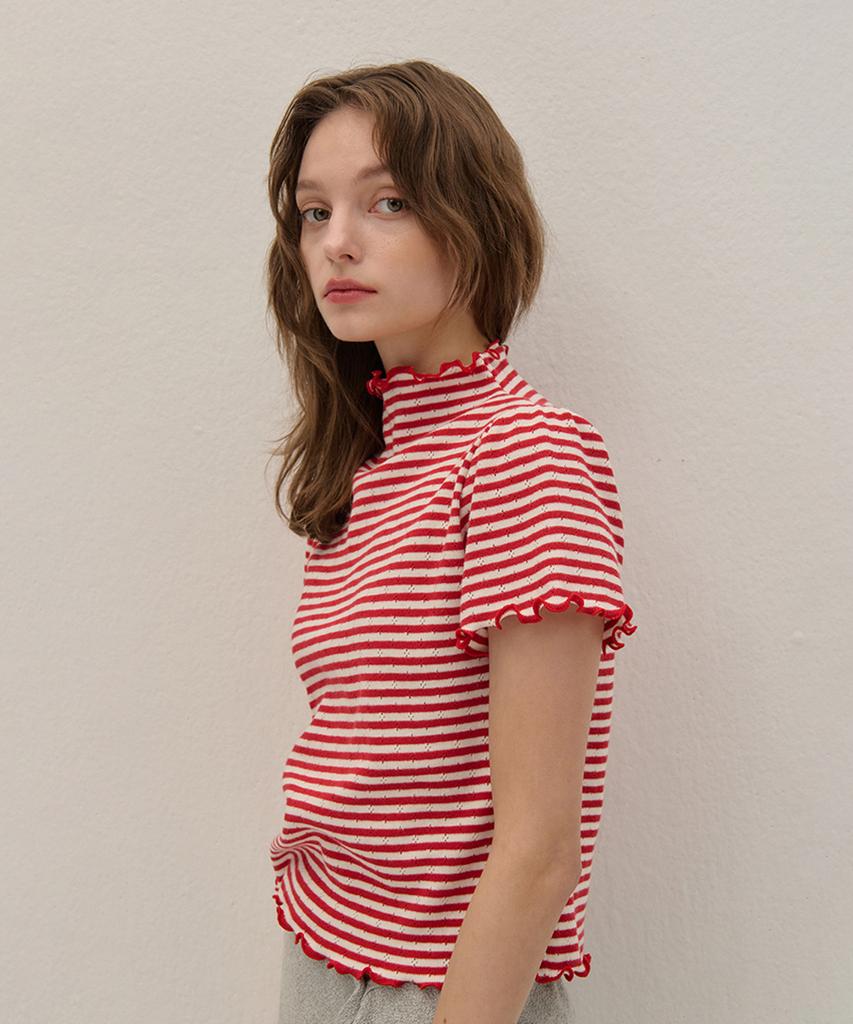 Kamino Striped Half-Neck Shirred Knit Red