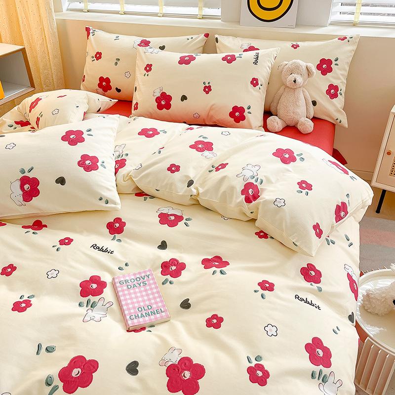 Juego de cuatro piezas de algodón puro de 60 hilos, cama gruesa de algodón puro, juego de tres piezas, algodón de fibra larga, funda de edredón pequeña y fresca, sábana ajustable