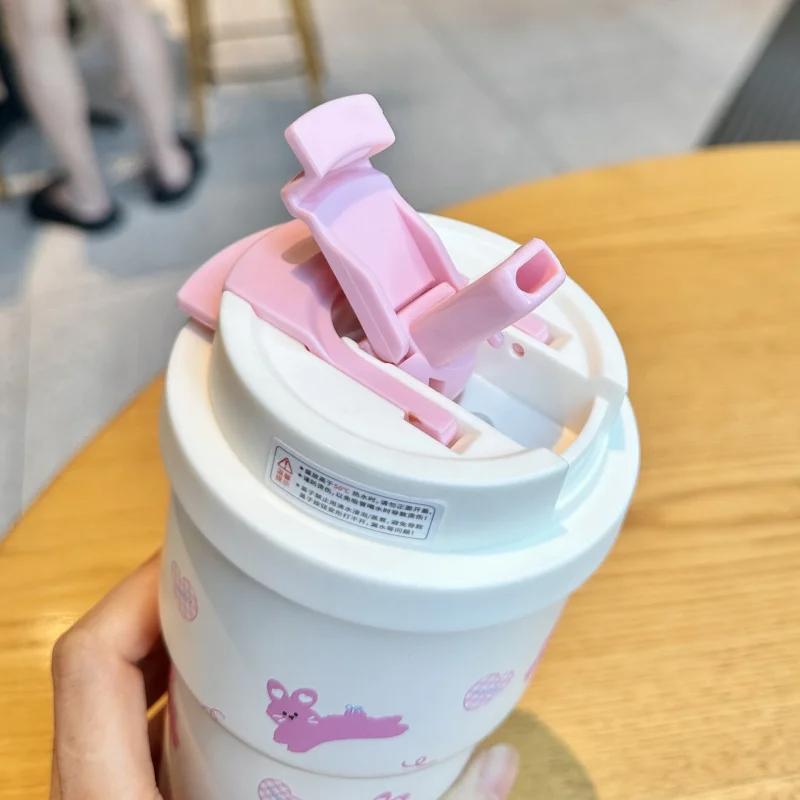 Cute Thermos Bottle For Girls Coffee Cup With Straw Hot and Cold Drink 316 Stainless Steel Vacuum Tumbler Outdoor Car Ice Cup