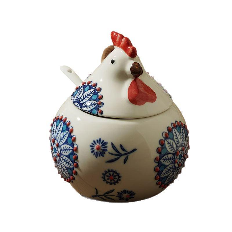 Ceramic Chick Spice Jar with Lid & Spoon - Moisture-Proof, High-End Kitchen Salt & Chili Shaker.