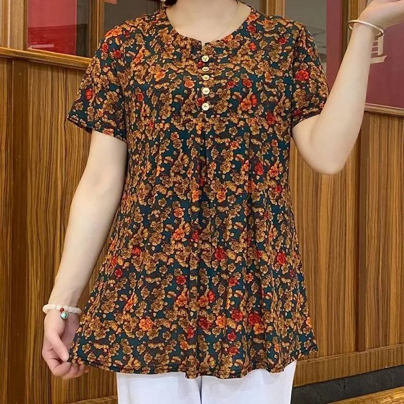 Summer Floral Middle-aged Spring and Summer Ice Silk Large Version Shirt New Loose Western Style Shirt Mid-length Top