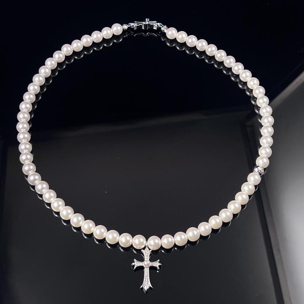 Krowia Cross Pearl Bracelet Necklace: Women's High-End Clavicle Chain with Cross-Border Charm.