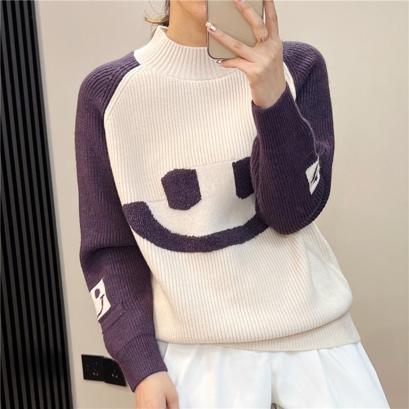 

Autumn women s new semi-turtleneck knitted bottoming shirt contrasting smiley face with sweater women s top women s clothing one size fits all