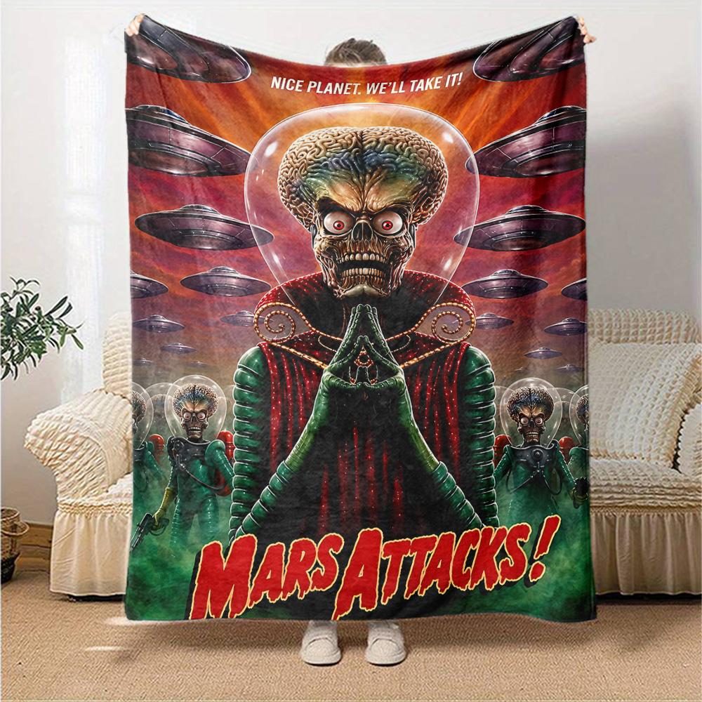 Mars Alien Invasion Flannel Blanket Super Soft Warm Cozy Blanket for Sofa Bed Office Travel All‑Season Home Decor Gift