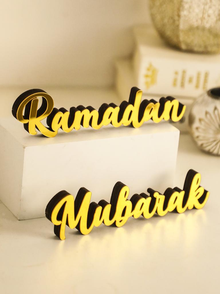 Ramadan Mubarak Golden Tabletop Ornaments Wooden Stand Calligraphy Sign Islamic Festive Desktop Decor for Ramadan&Eid Home Gifts