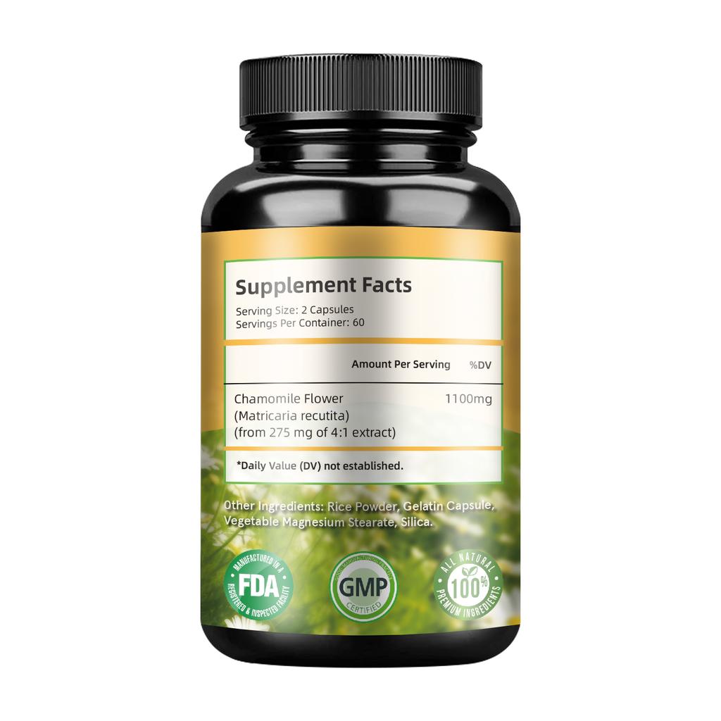 Chamomile extract capsules, natural supplement, 1100 mg per serving, suitable for both men and women.