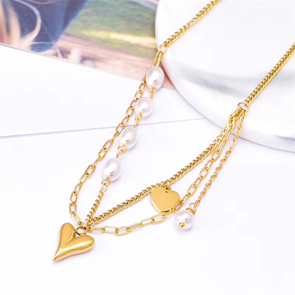 Titanium Steel Women Choker Multi-layered Punk Neck Chain Fashion Pearl Heart Necklace  Summer