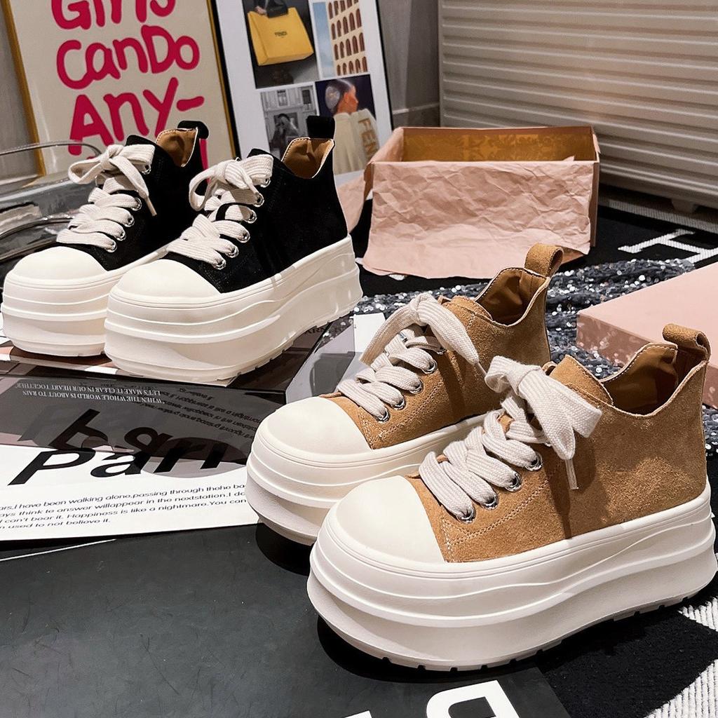2025 new matte leather thick-soled muffin lace-up sweet cool big head small 6cm high-top casual women's shoes