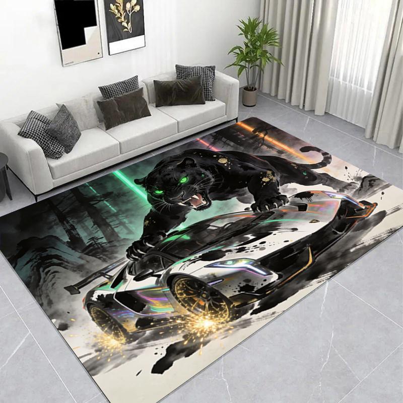 Neon Black Panther Sports Car Area Rug, Cool Street Style Carpet 40x60cm( 15x23in )