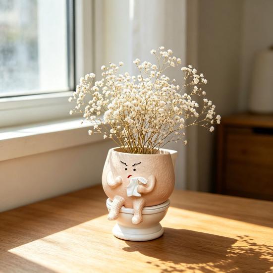 Funny Face Toilet Planter with Drainage Hole for Indoor Plants Cute Face Head Flower Pot for Home Office Balcony Garden