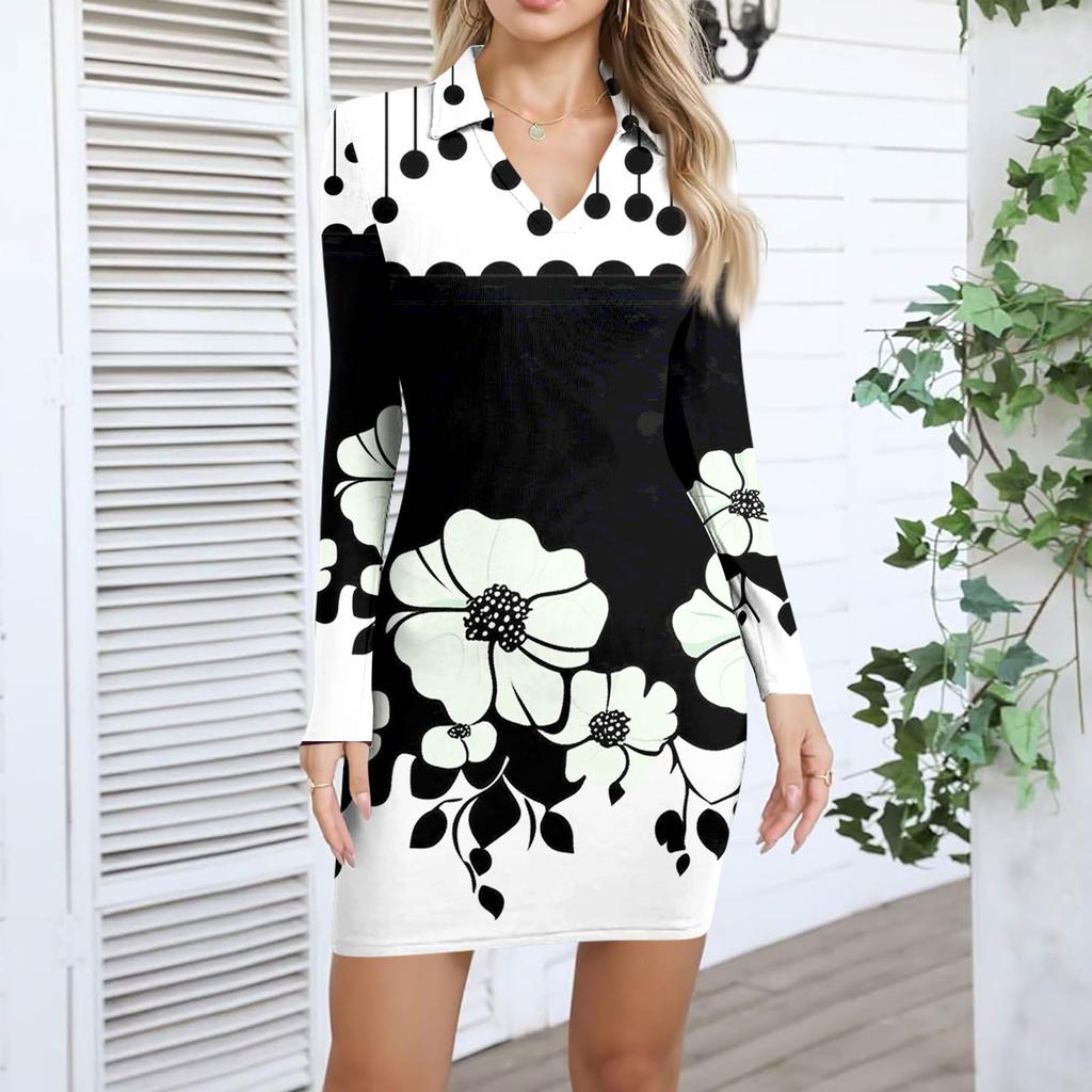 Damen V-Ausschnitt Lässig Print Langarm Figurbetontes Kleid