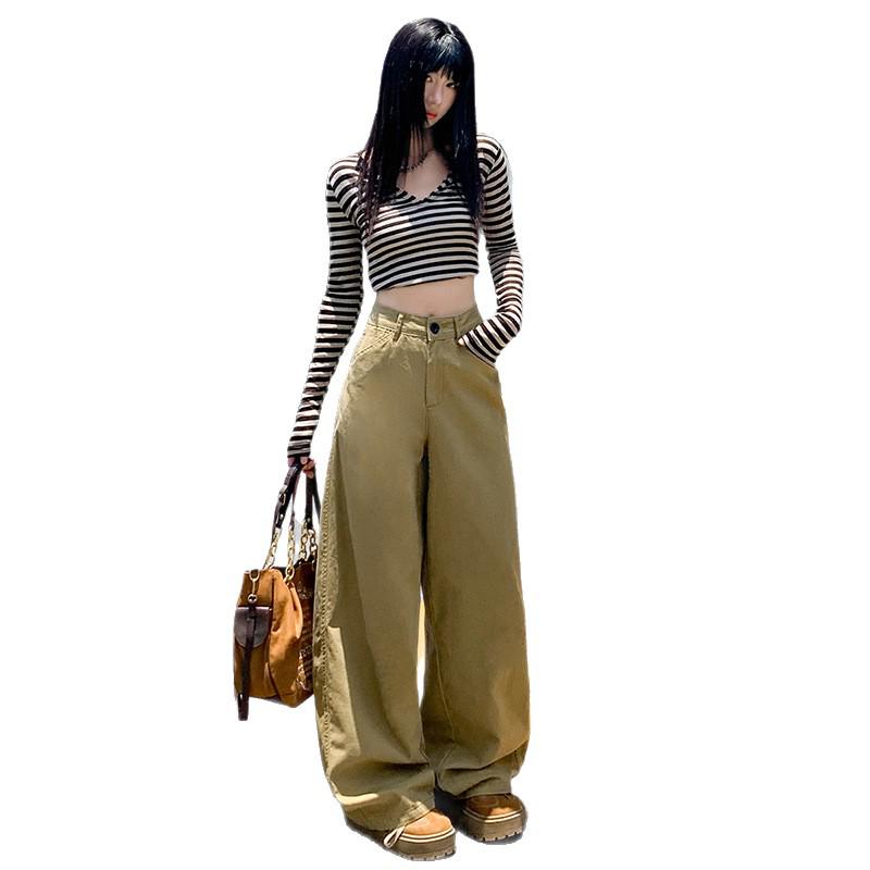 Autumn 2025 Khaki High-Waist Loose Straight-Leg Women's Jeans - Casual, Slimming, Fashionable Wide-Leg Pants