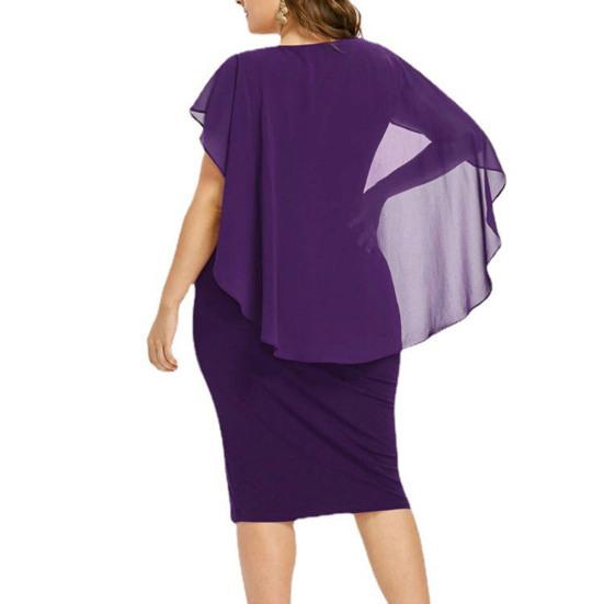 O-Neck Short Sleeve Chiffon Shawl Pleated Decor Women Dress Solid Color Plus