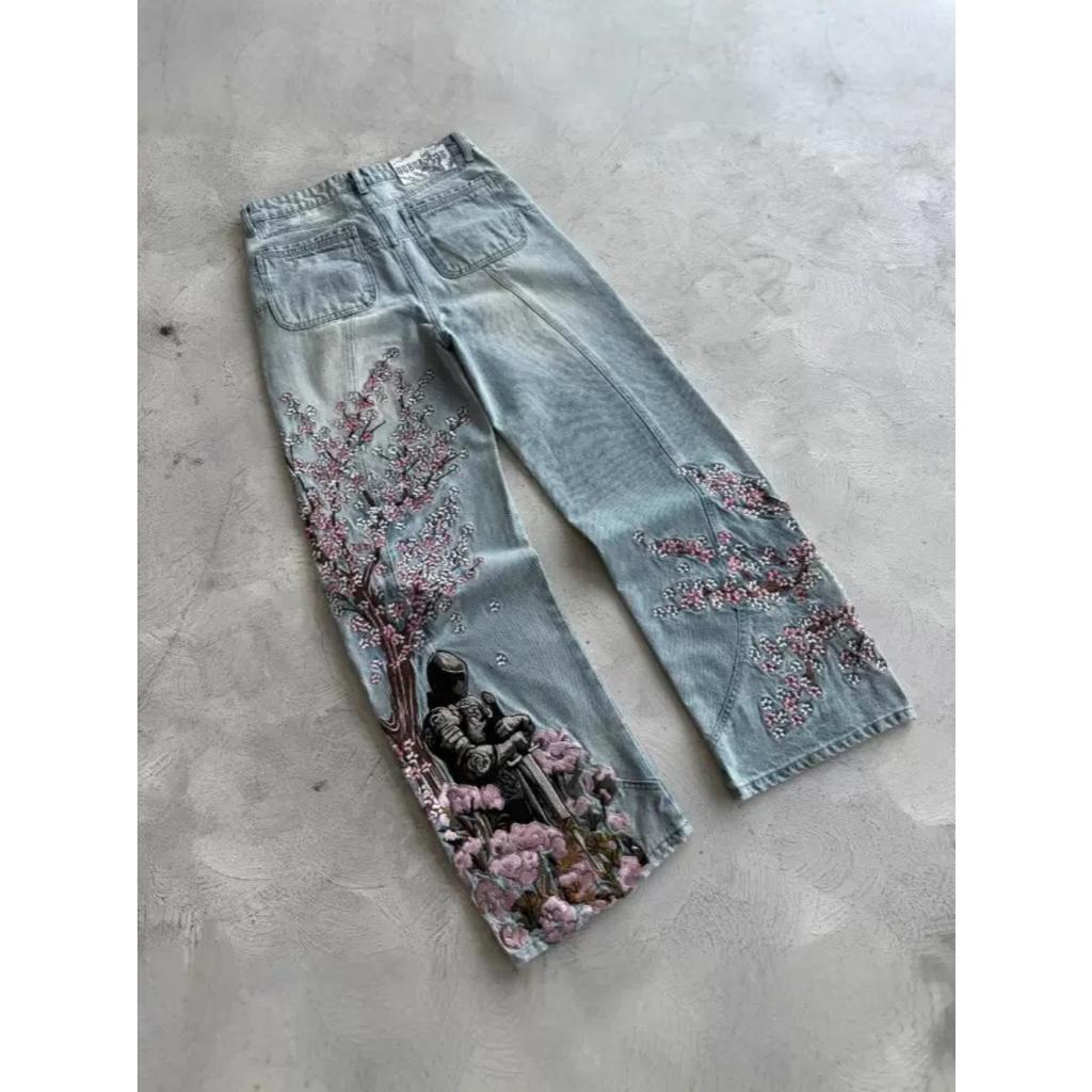 STREETRICH Y2K Harajuku Jeans Goth Vintage Plum Blossom Embroidery Pattern Wide Leg Pants Men Women Denim Fabric American Style Street Wear