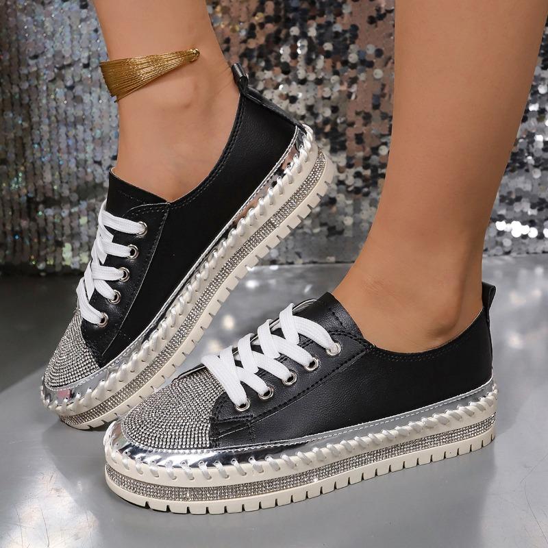 Women's Casual Shoes, Sizes 35-43 Flat-Soled, Diamond-Studded Lace-Up Sneakers Thick-Soled White Sneakers Women's Athletic Slip-Ons