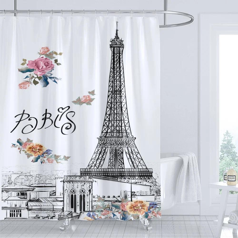 Retro Paris Tower and Flowers Shower Curtain Print Modern Nordic Minimalist Polyster Home Decor Bathroom Curtain with Hooks