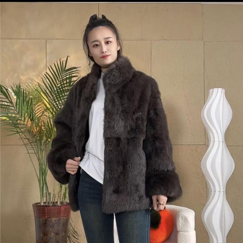 Real Rabbit Fur Coat Long Woman Winter Fashion Stand Collar Plus Size Luxury Warm Outwear Waisted Real Fur