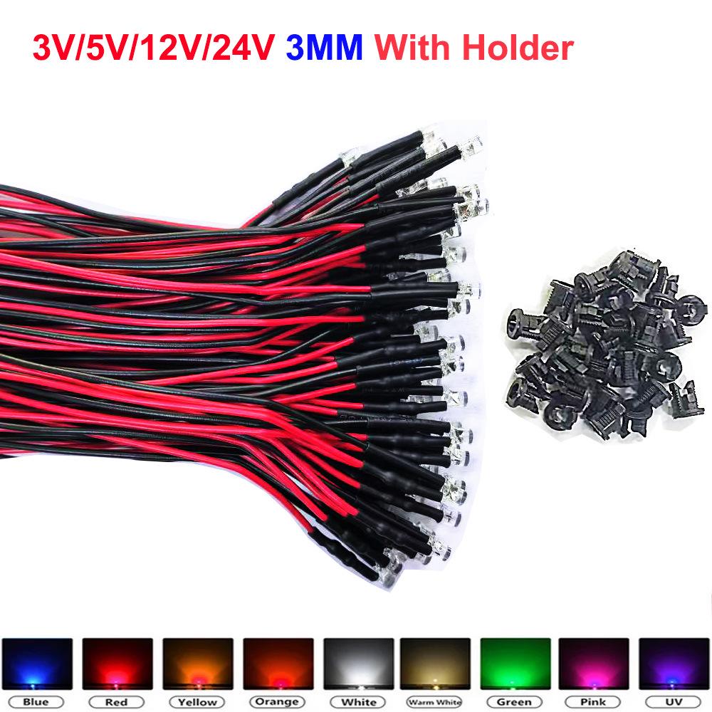 F3/5mm Flat Head Transparent Diffuse LED Signal Indicator with Wires, 3V-24V