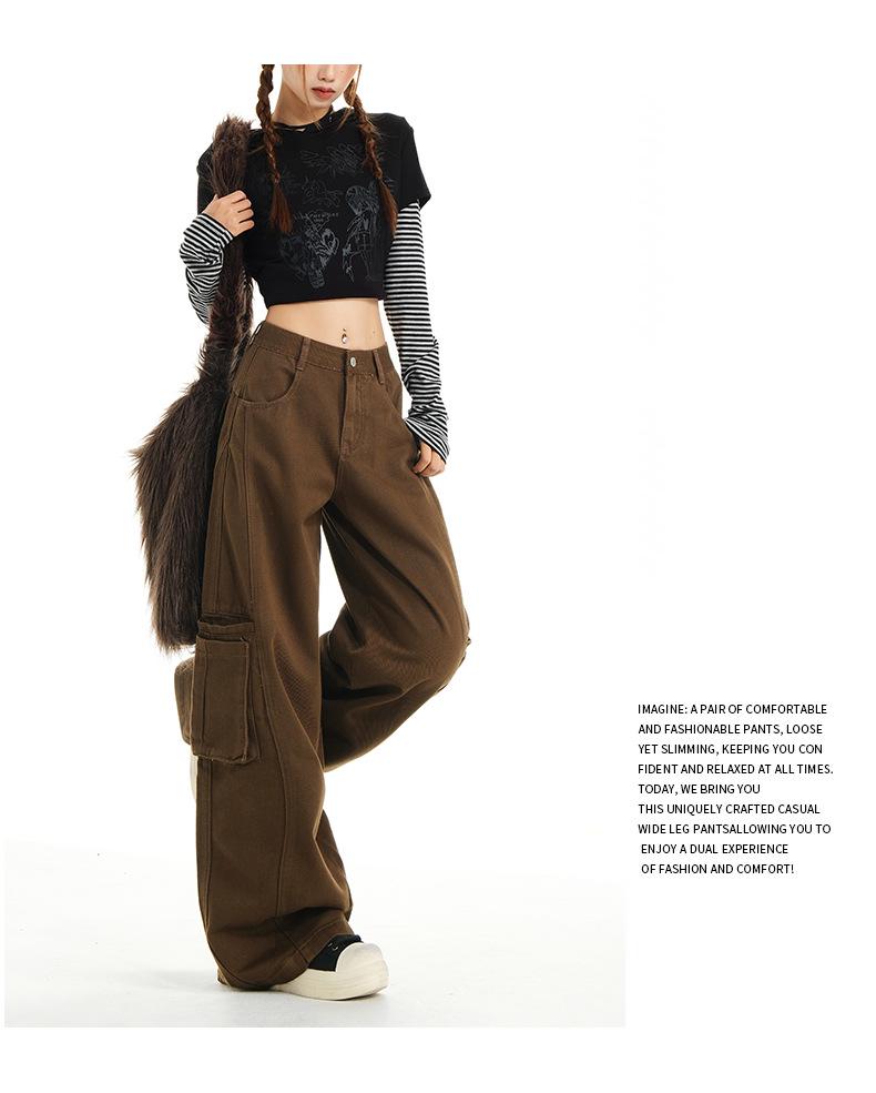 Women's Army Green Loose Cargo Jeans - Spring Style, Slim Fit, Wide Leg, Large Pockets