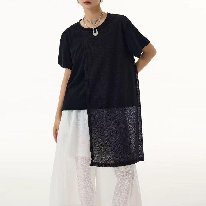 

Yamamoto Style Niche Design Dark Series Slim Looking Fashion Suit Asymmetrical Short-Sleeved T-shirt + Mesh Loose Pants Women 86285 Tops Black One size