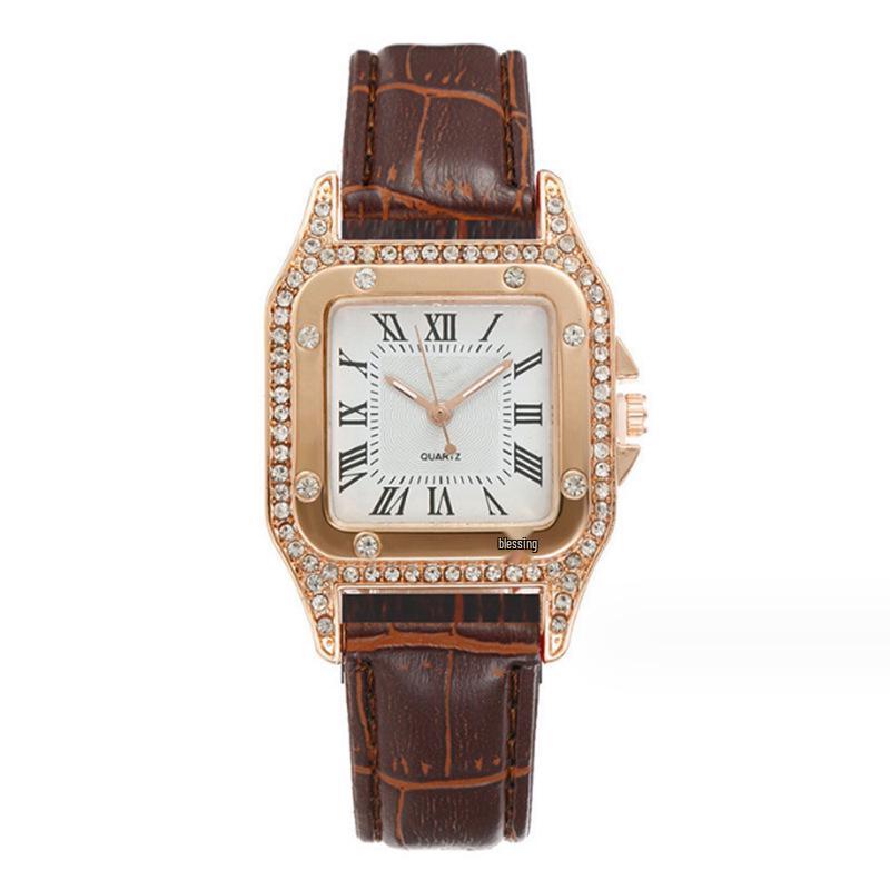 Elegant Roman Numeral Rhinestone Ladies Square Watch & Gift Set