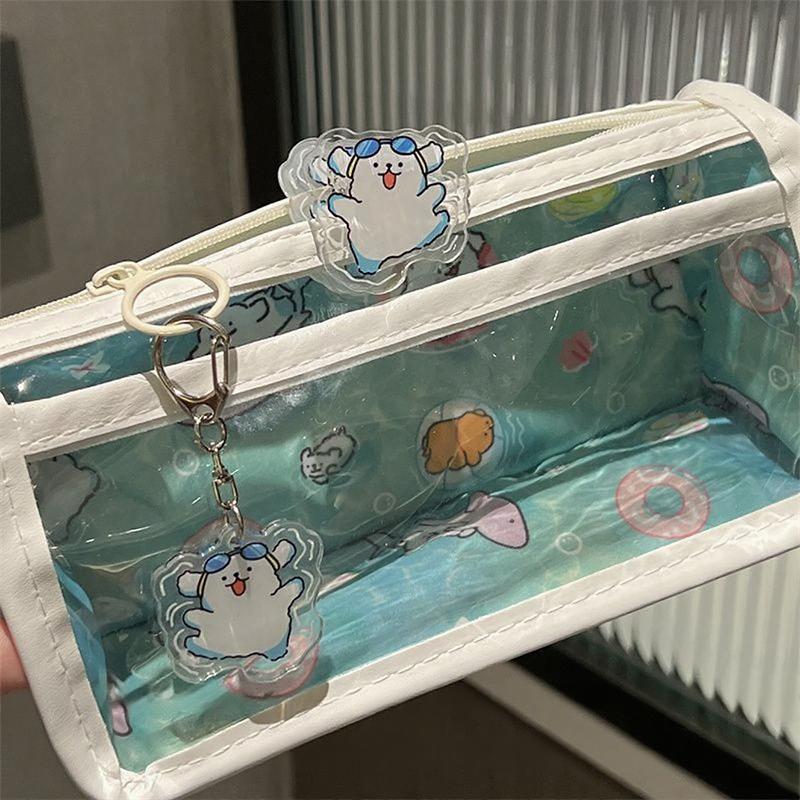 Swimming Line Puppy Double-layer Pencil Case Transparent Love Wind Double-layer Large-capacity Student Stationery Storage Pencil Case