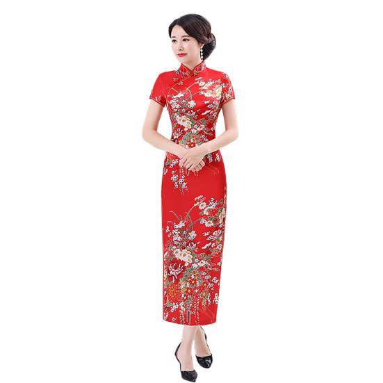 Lady Petticoats Plus Size Women Chinese Short Sleeve Floral Print Brocade Cheongsam Banquet Midi Dress