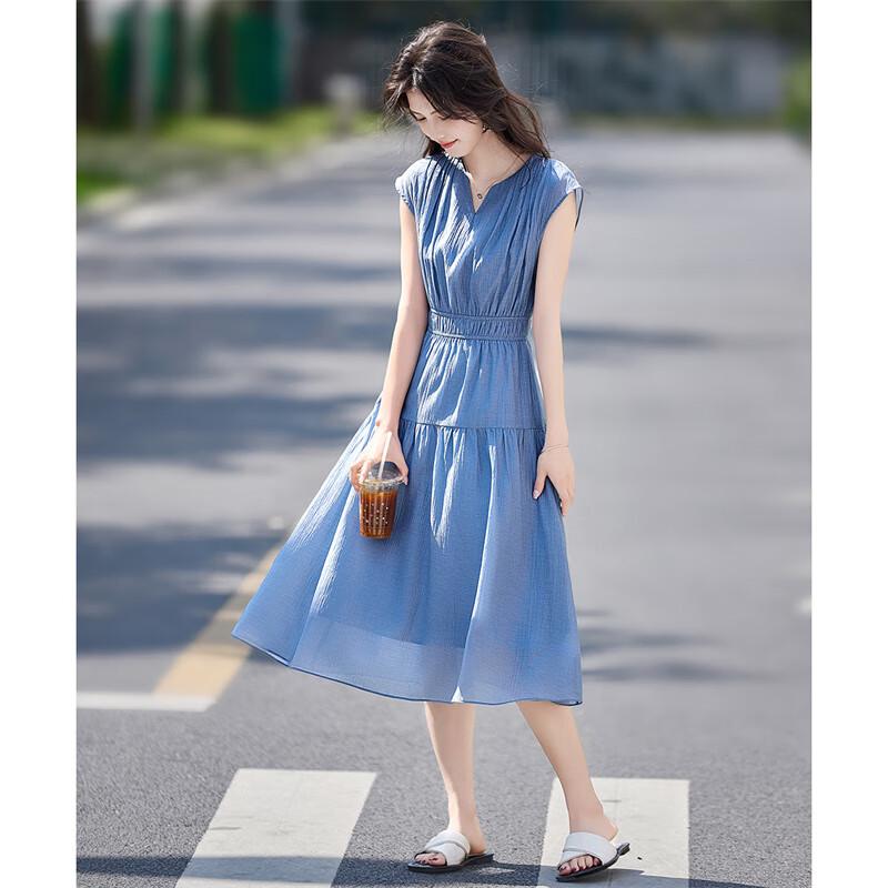 Elegantes Midi-Kleid im französischen Stil aus Tencel mit V-Ausschnitt und A-Linie