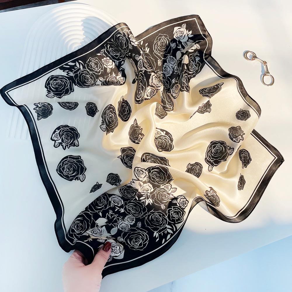 Spring new black camellia printed silk scarf women s 100% mulberry silk small square scarf high-end versatile scarf 53cm