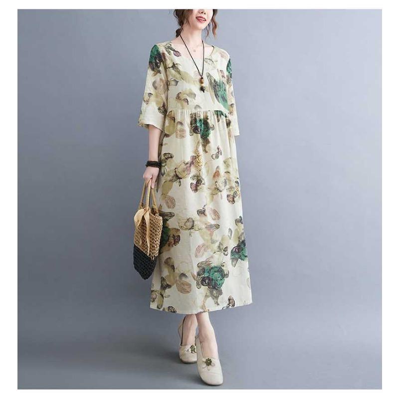 Summer New Literary Large Size Loose Thin Round Neck Five-minute Sleeve Age Reduction Women's Dresses