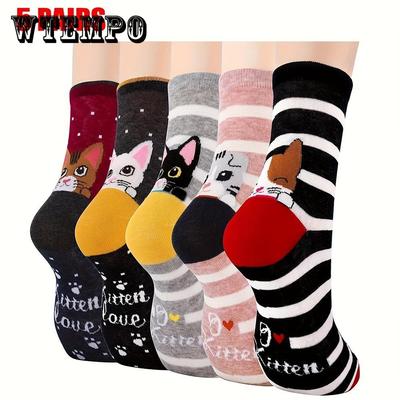 5 Pairs Of Cartoon Cat Funny Socks, Cozy Novelty Socks, Casual Mid Tube Socks For Women Girls Gifts