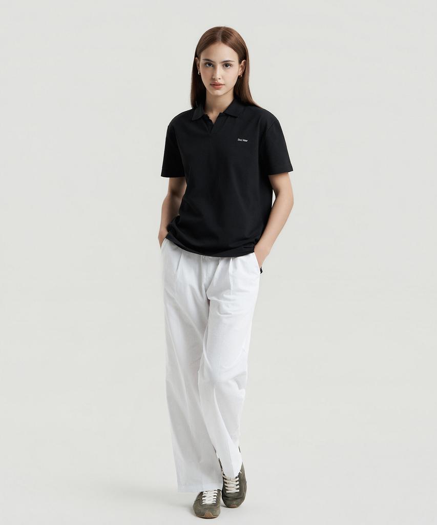 Delma W Linen Touch Semi-Wide Elastic Waist Pants - White