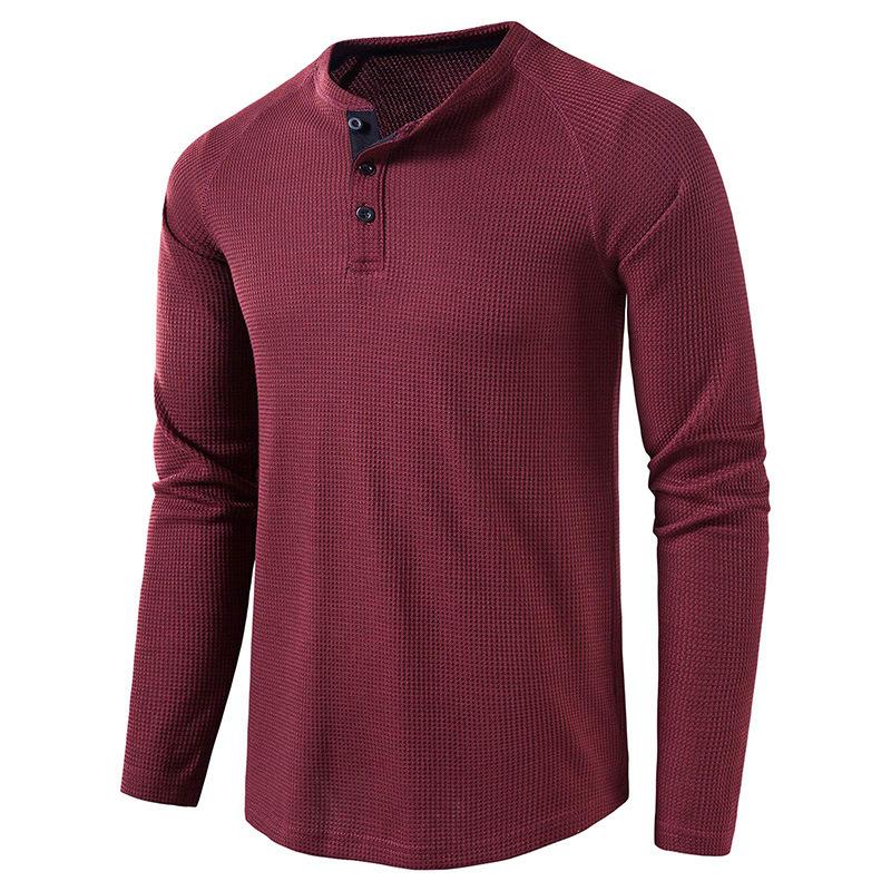 European and American Style Men’s Solid Waffle Henley Shirt Long Sleeve T-shirt Buttoned Round Neck Top