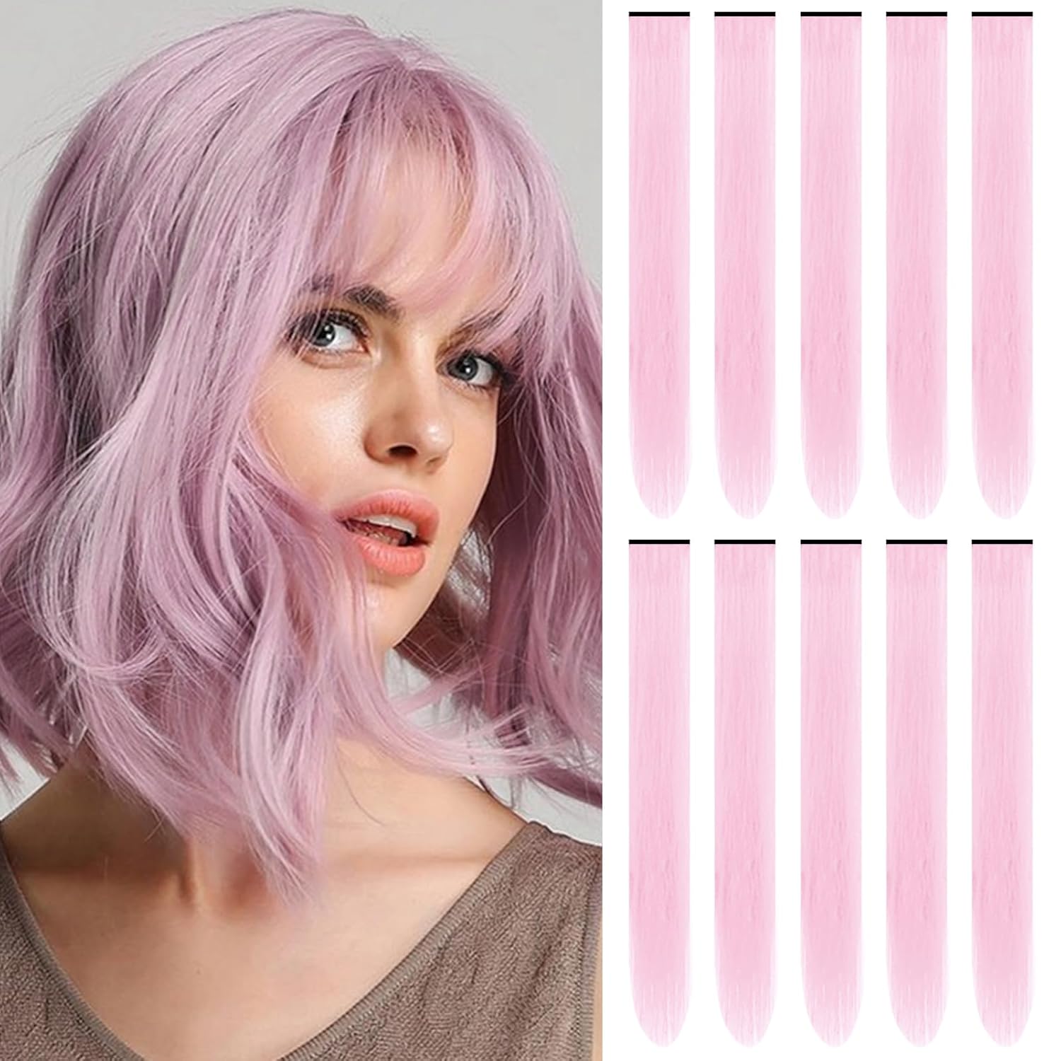 

Довгі Прямі Синтетичні Чорні Нарощені Волосся на Заколках Кольорові Пасма для Вечірки Перуки для Жінок Дітей Дівчаток 10pcs рожевий