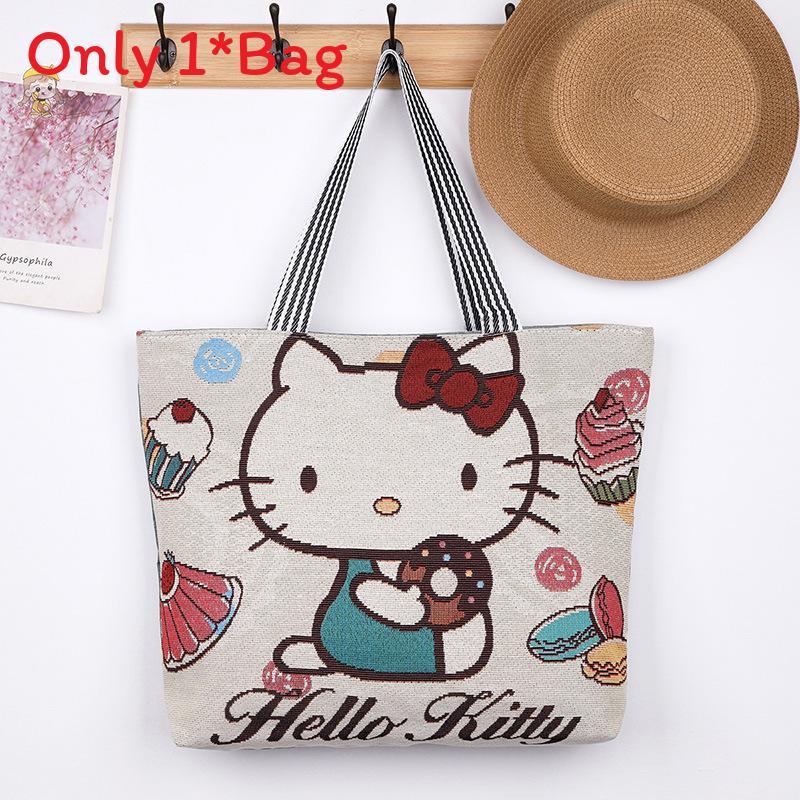 Elephant Hello Kitty Butterfly Embroidered Canvas Tote Bag With Seamed Stitching For Daily Use