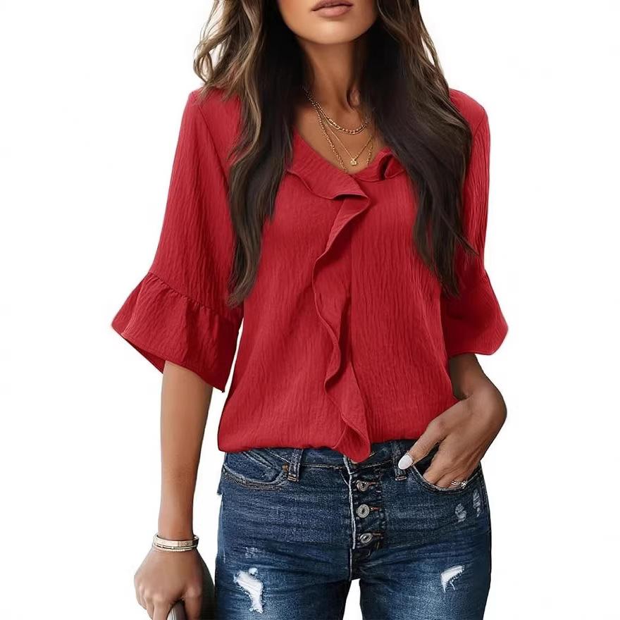 Women's V Neck Ruffle Blouse 3/4 Bell Sleeve Casual Solid Loose Fit Tunic Top