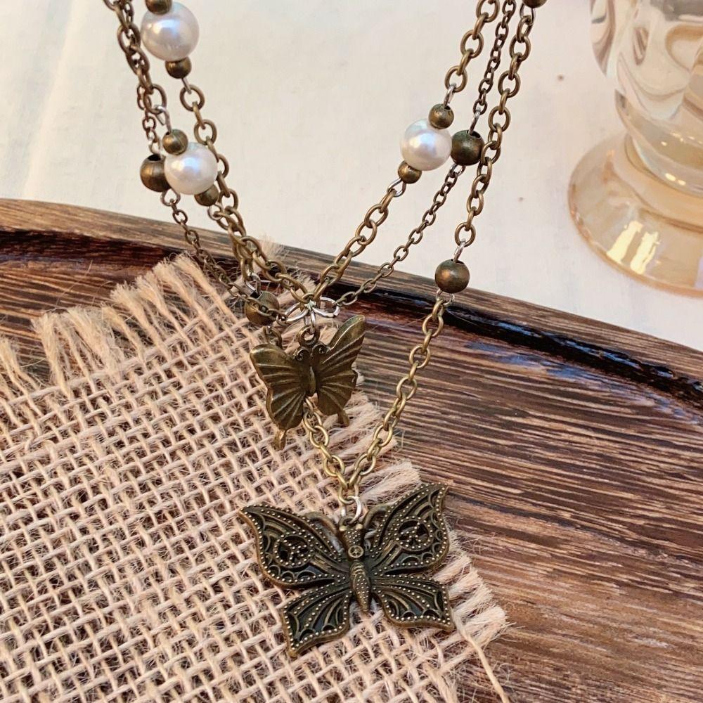 Multilayer Butterfly Pearl  Necklace Beaded Vintage Metal Choker Retro Chain Tassel Necklace  Women