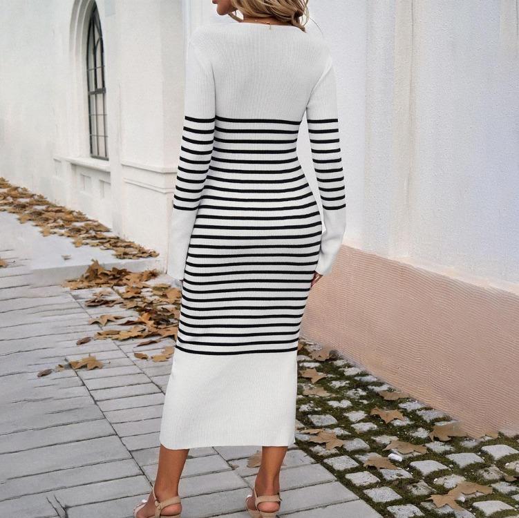 Women's Fall Winter Loose V-Neck Sweater Dress Long Sleeve Knit Wind Suit Elegant Wide Style