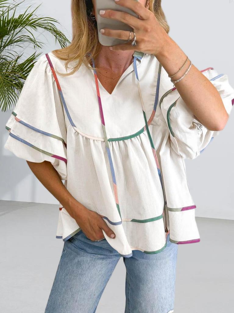 Women's Babydoll V Neck Blouse Short Lantern Sleeve Loose Peplum Flowy Top