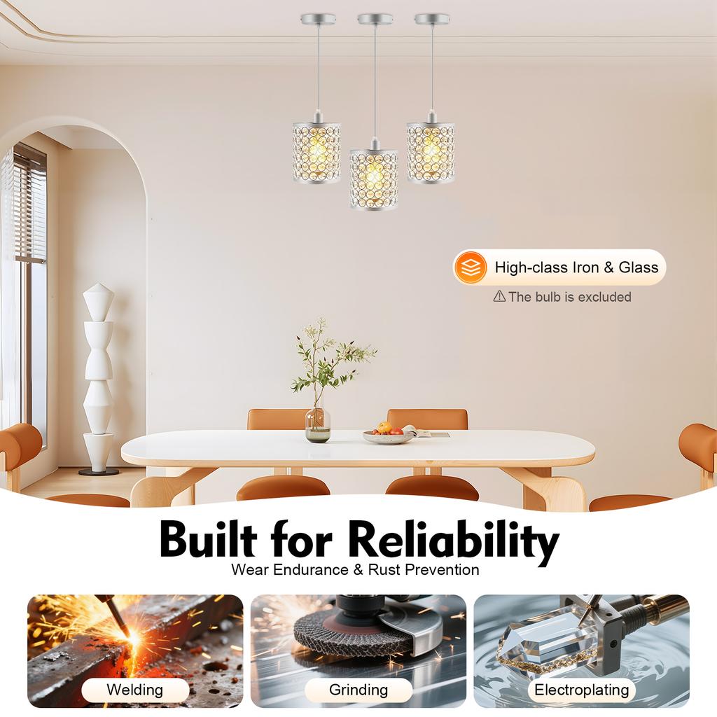 3PCS Silver Modern Crystal Ceiling Light Fixture, E12 Dimmable 40W with Adjustable Wire & Glass Shades, Easy Install for Home