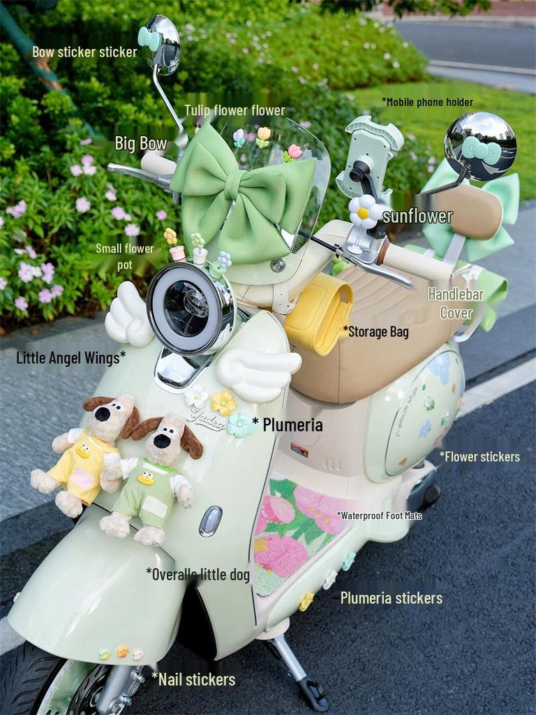 Yadea Q50 Electric Scooter Accessories: Dashboard Stickers, Phone Holder, Floor Mats, Hooks, Waterproof Charger Bag, Decals.
