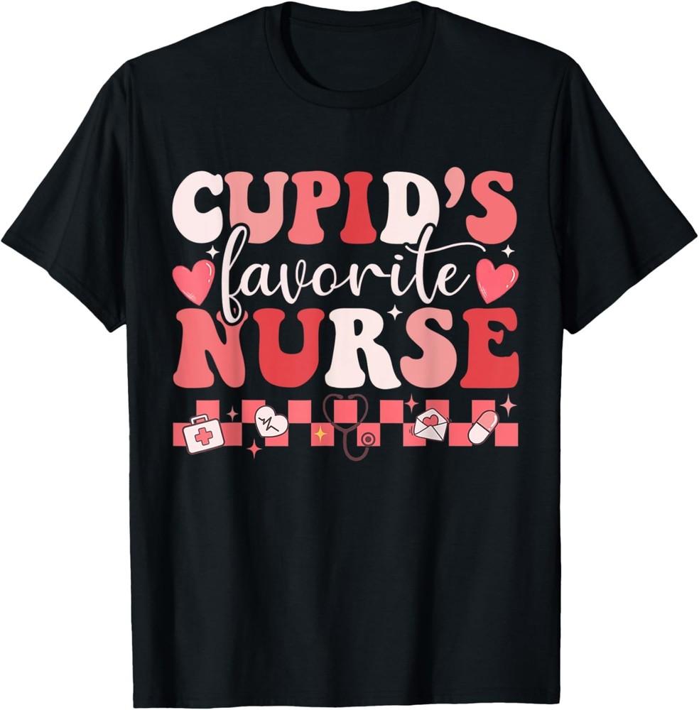 Groovy Retro Cupid039s Favorite Nurse Valentine039s Day Funny T-Shirt