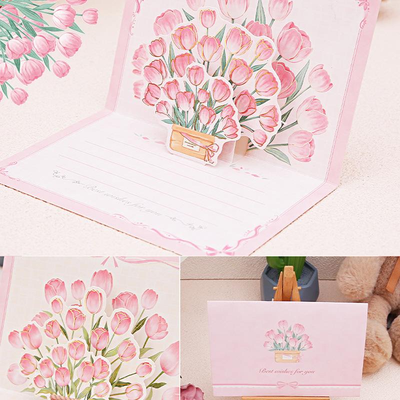 1PC Paper Postcard 3D Greeting Card Creative Roses Birthday Gift Card Sunflowers Bouquet Pop-Up Tulips