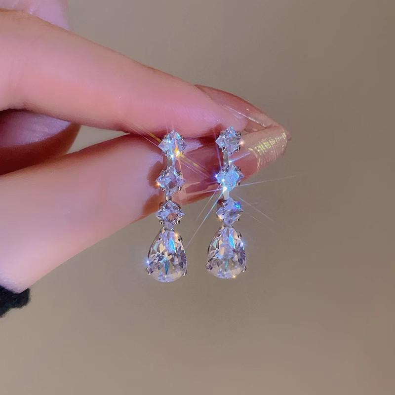 French Diamond Water Drop Zirconia Stud Earrings - 2025 Trendy Starry Sky Light Luxury Style