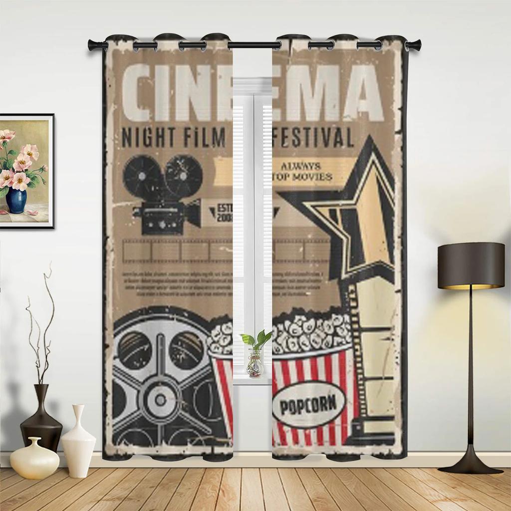 Plakat Retro Filmowy Kino Popcorn I Kamera Nowoczesne Zasłony Okienne Draperia Do Kuchni Salon Sypialnia Dekoracja Zasłony
